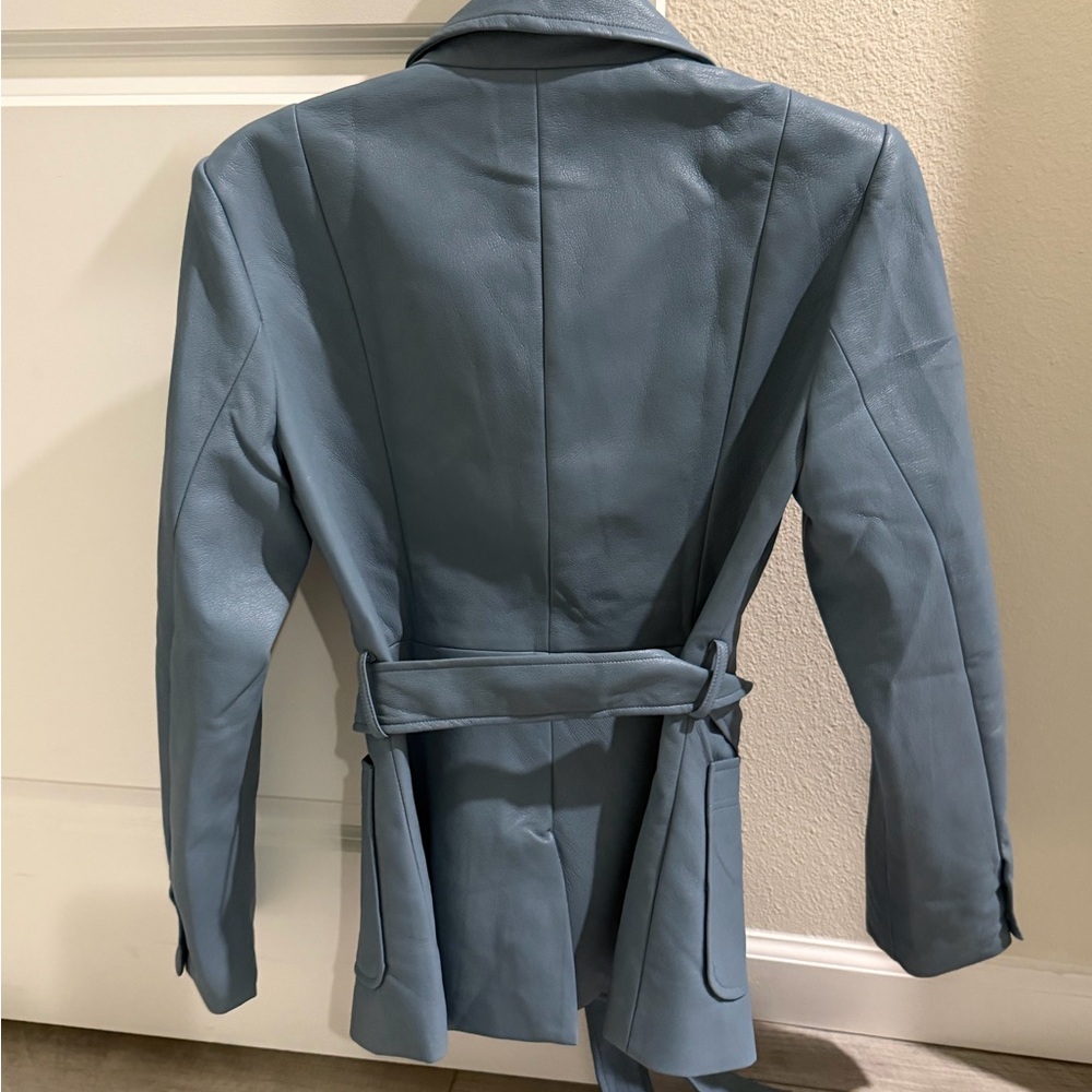 Au Darling Powered Blue Faux Leather Belted Jacket Small New - Picture 8 of 13